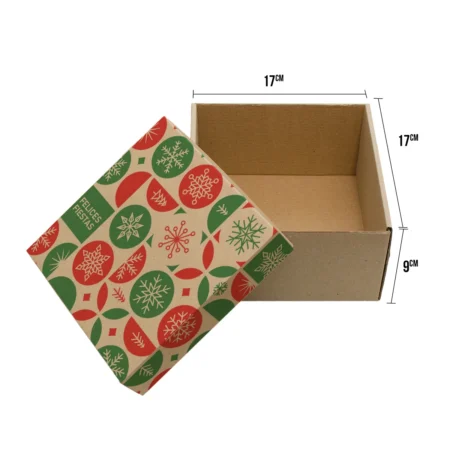 caja de navidad 17x17x10 mediana con tapa independiente con el texto felices fiestas