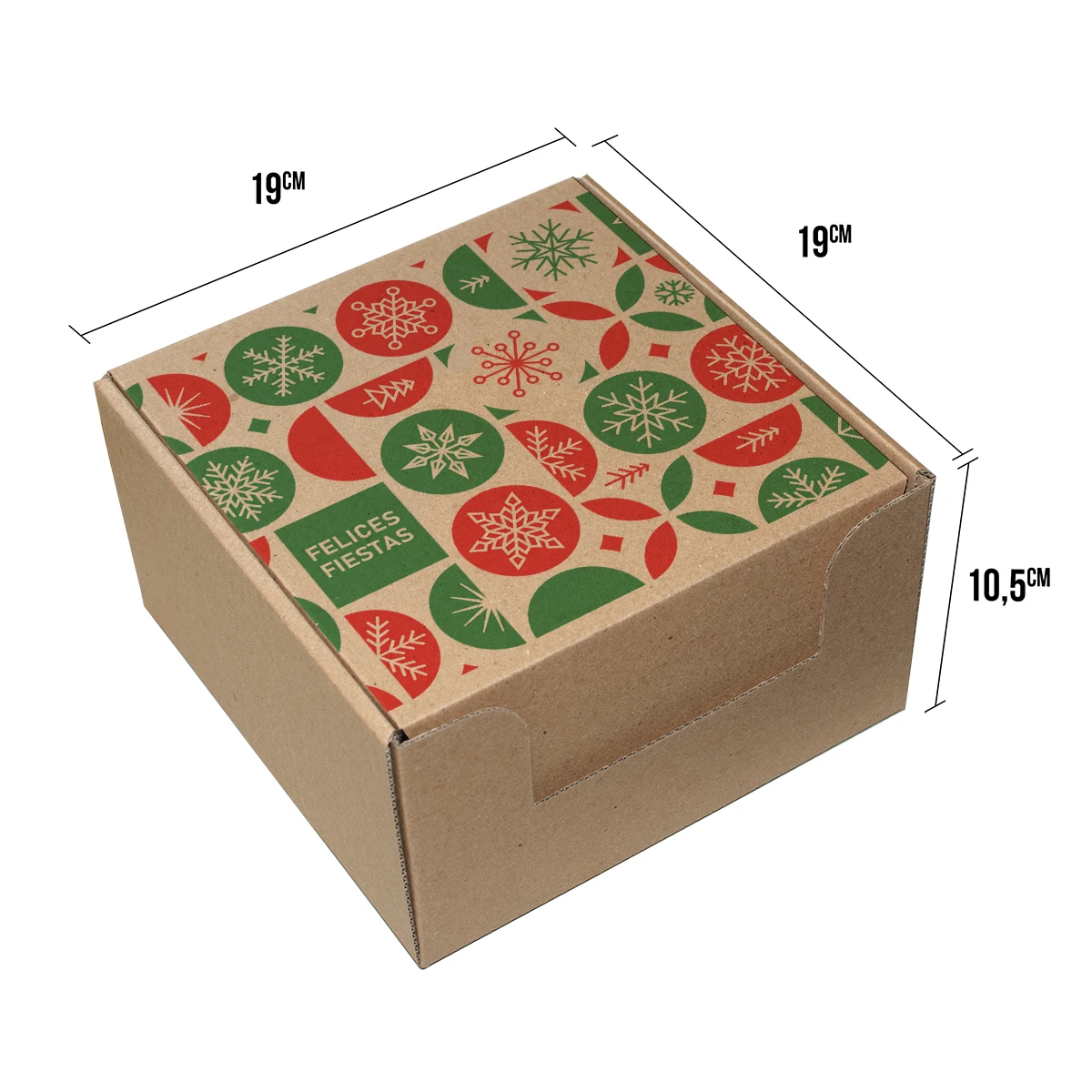 caja de navidad 19x19x10,5 mediana con el texto felices fiestas