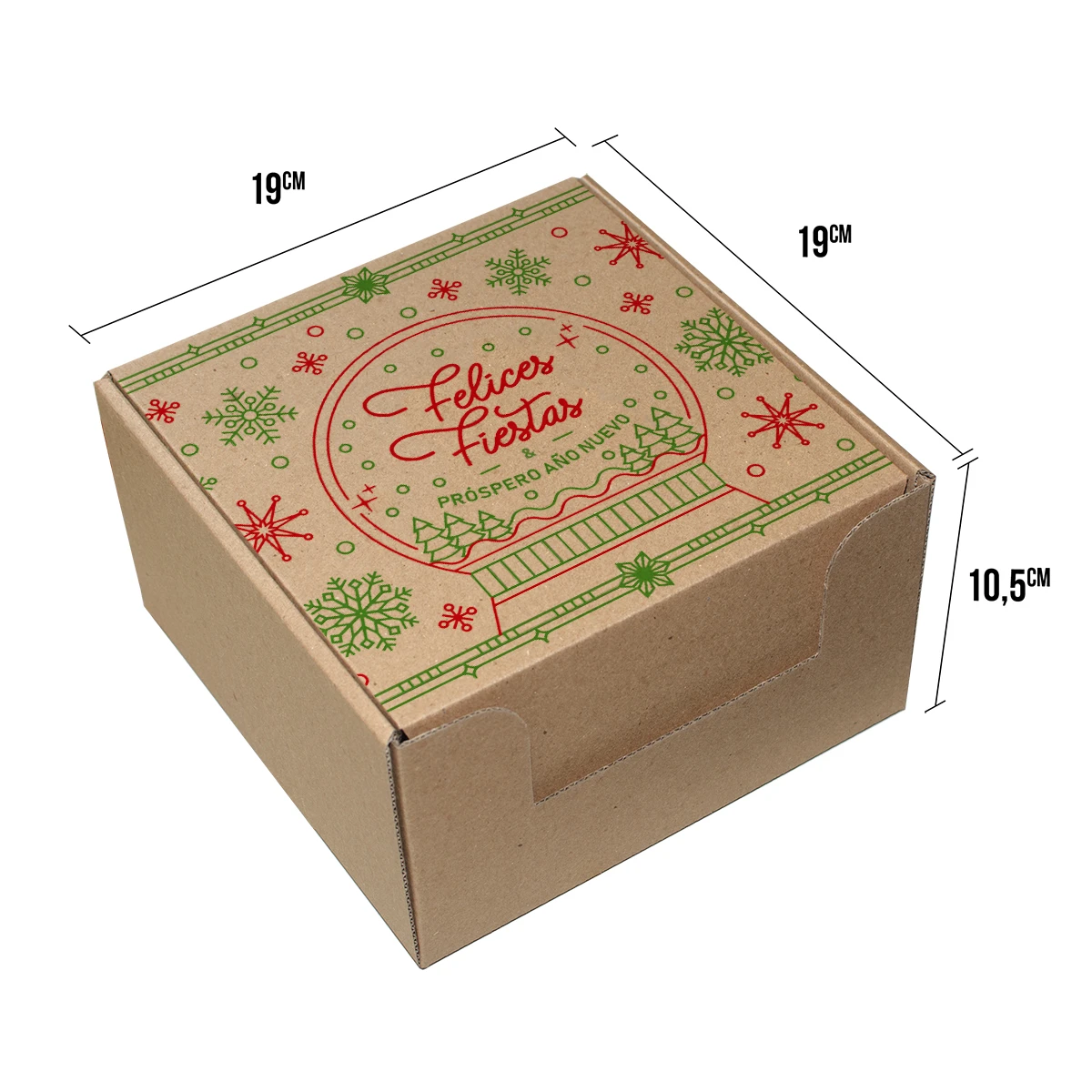 caja de navidad 19x19x10 con el texto felices fiestas y prospero año nuevo