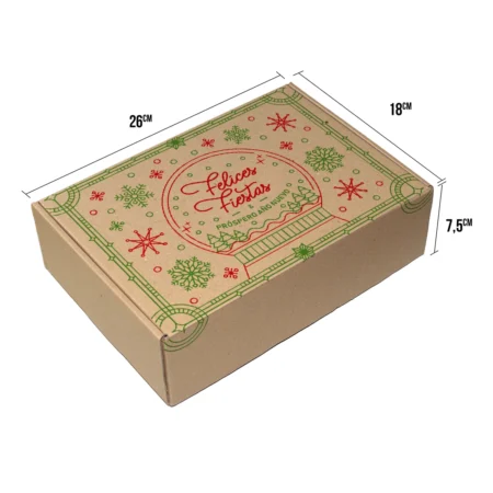 caja de navidad 26x18x7,5 con el texto felices fiestas y prospero año nuevo