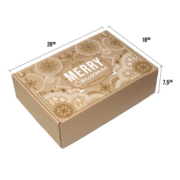 caja navideña mediana blanco y dorado con mensaje de merry christmas