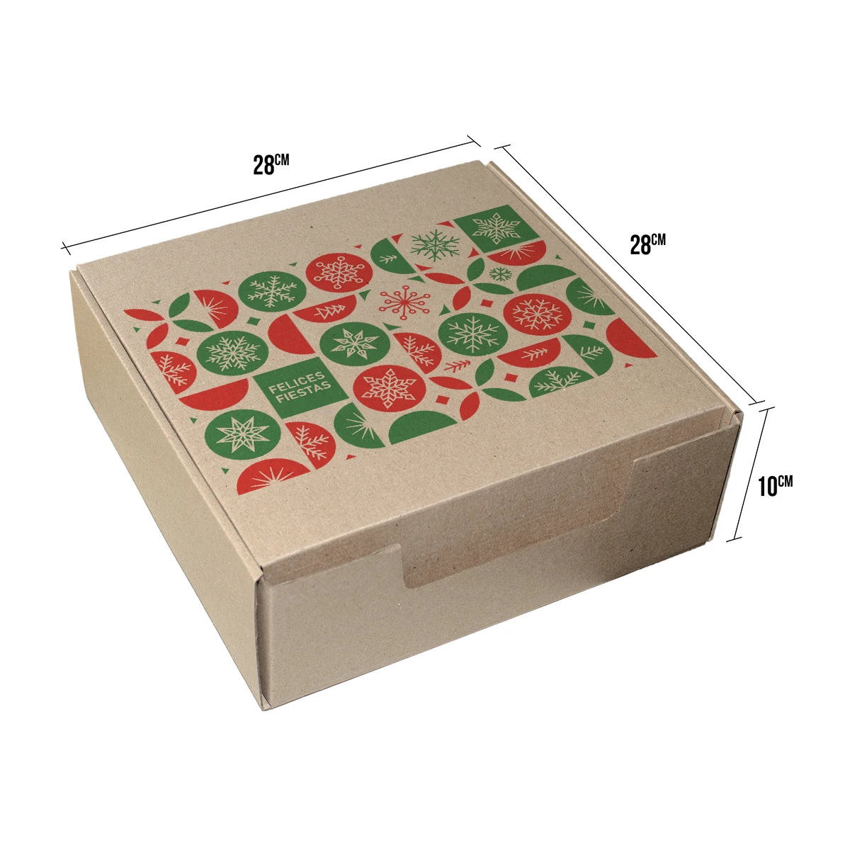 caja de navidad 28x28x10 de ancheta con el texto felices fiestas