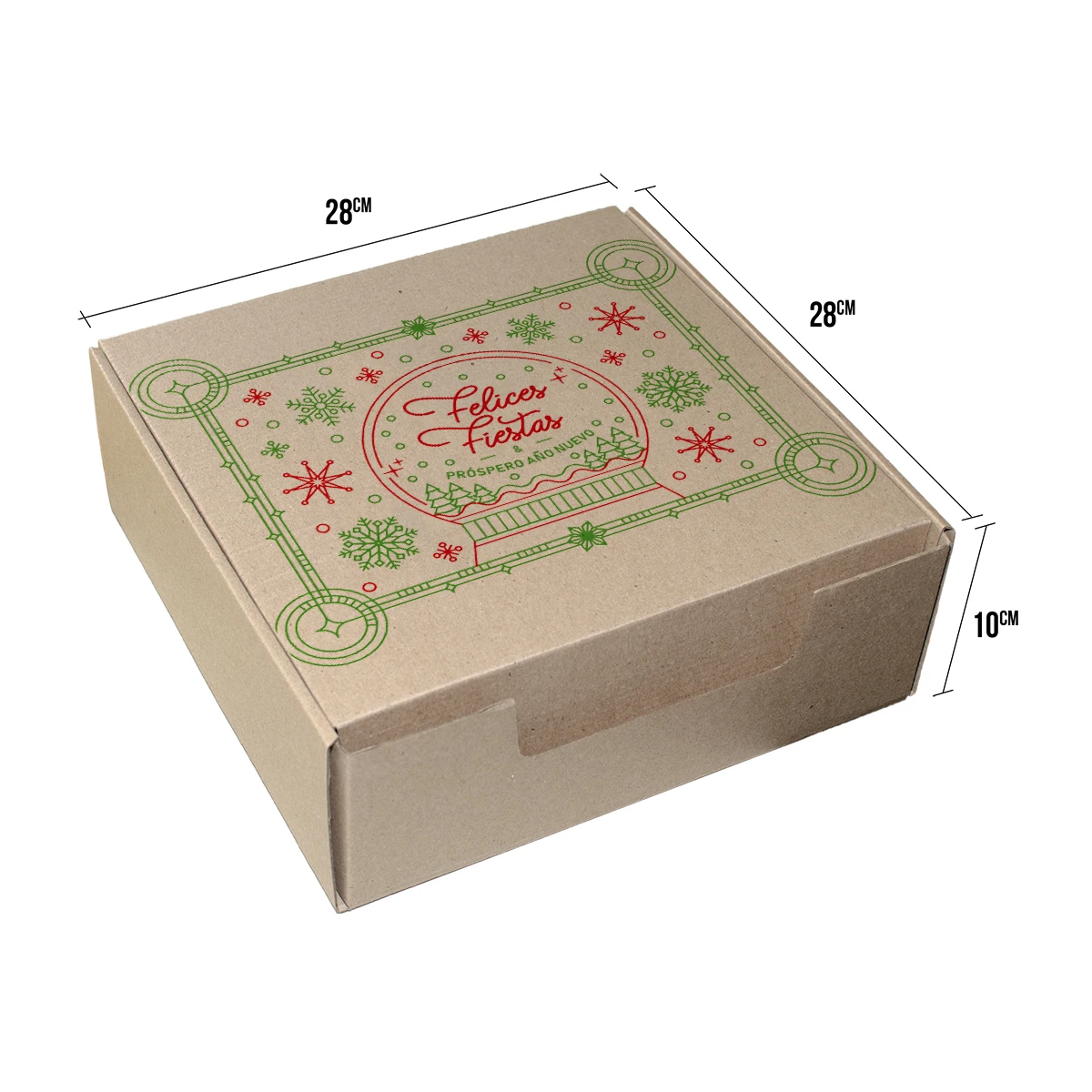 caja de navidad 28x28x10 de ancheta con el texto felices fiestas y prospero año nuevo