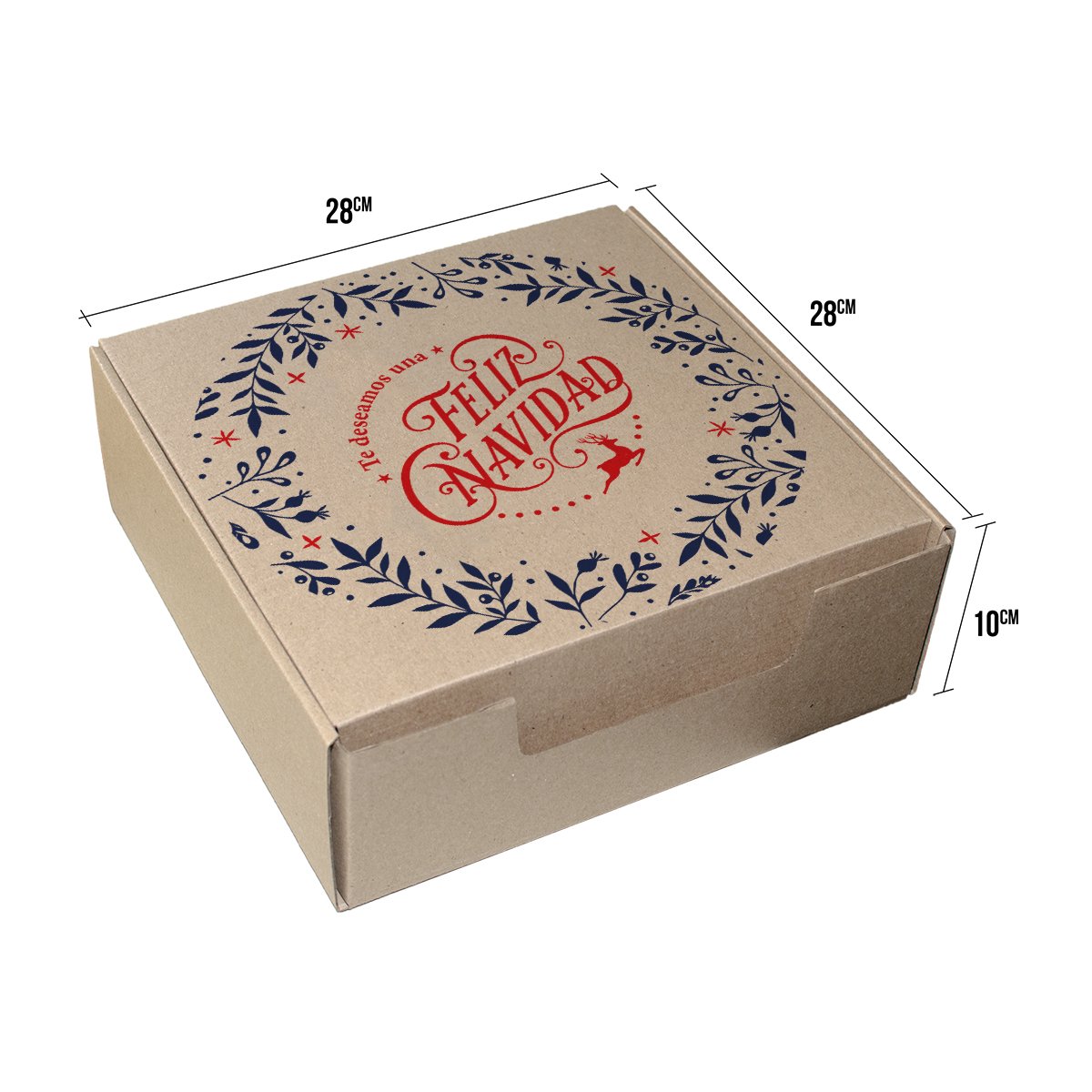 caja de navidad de kekaja 28x28x10 grande para ancheta cuadrada con el texto feliz navidad diseño 2026
