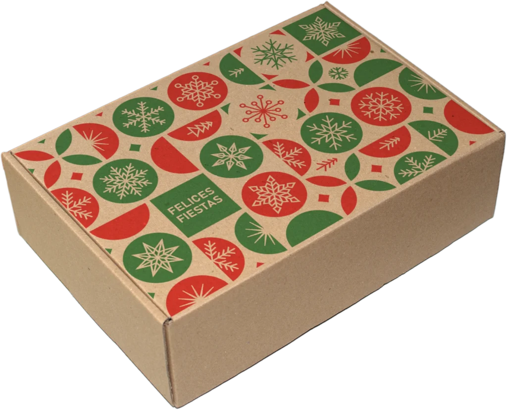 Caja rectangular 26x18x7,5 cm con diseño navideño para regalos empresariales.