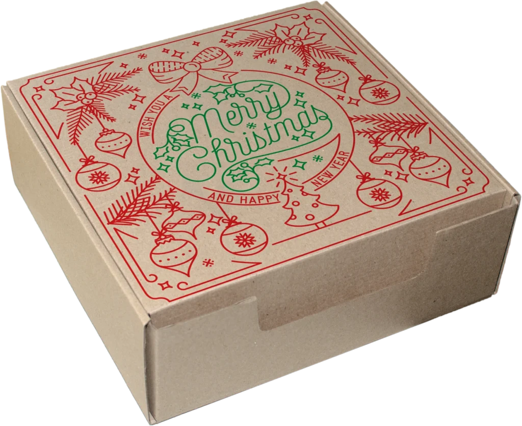 caja navideña grande rojo y verde con mensaje de merry christmas sin fondo